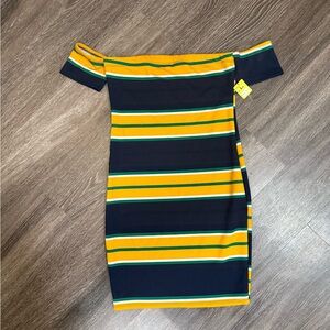 Navy and Yellow Striped Off-Shoulder Mini Dress